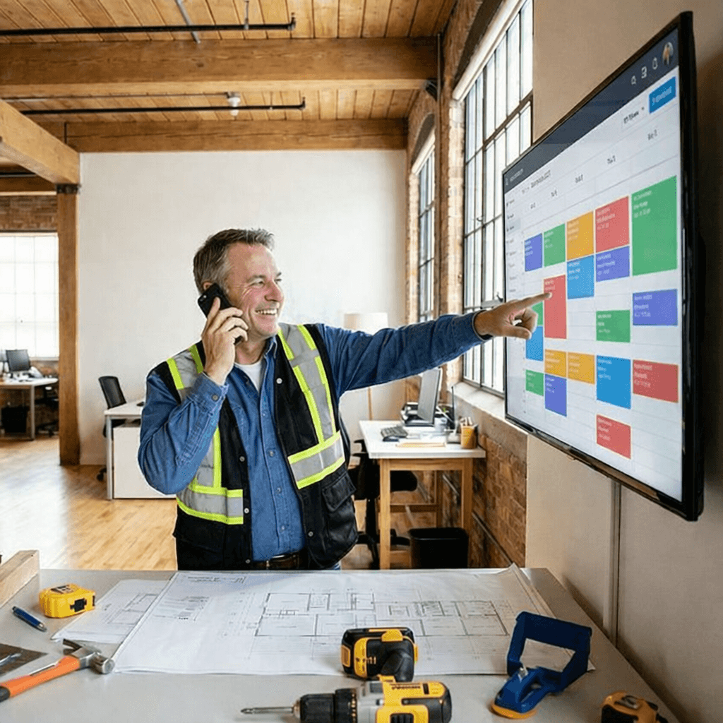 Artisan du bâtiment heureux avec un calendrier rempli